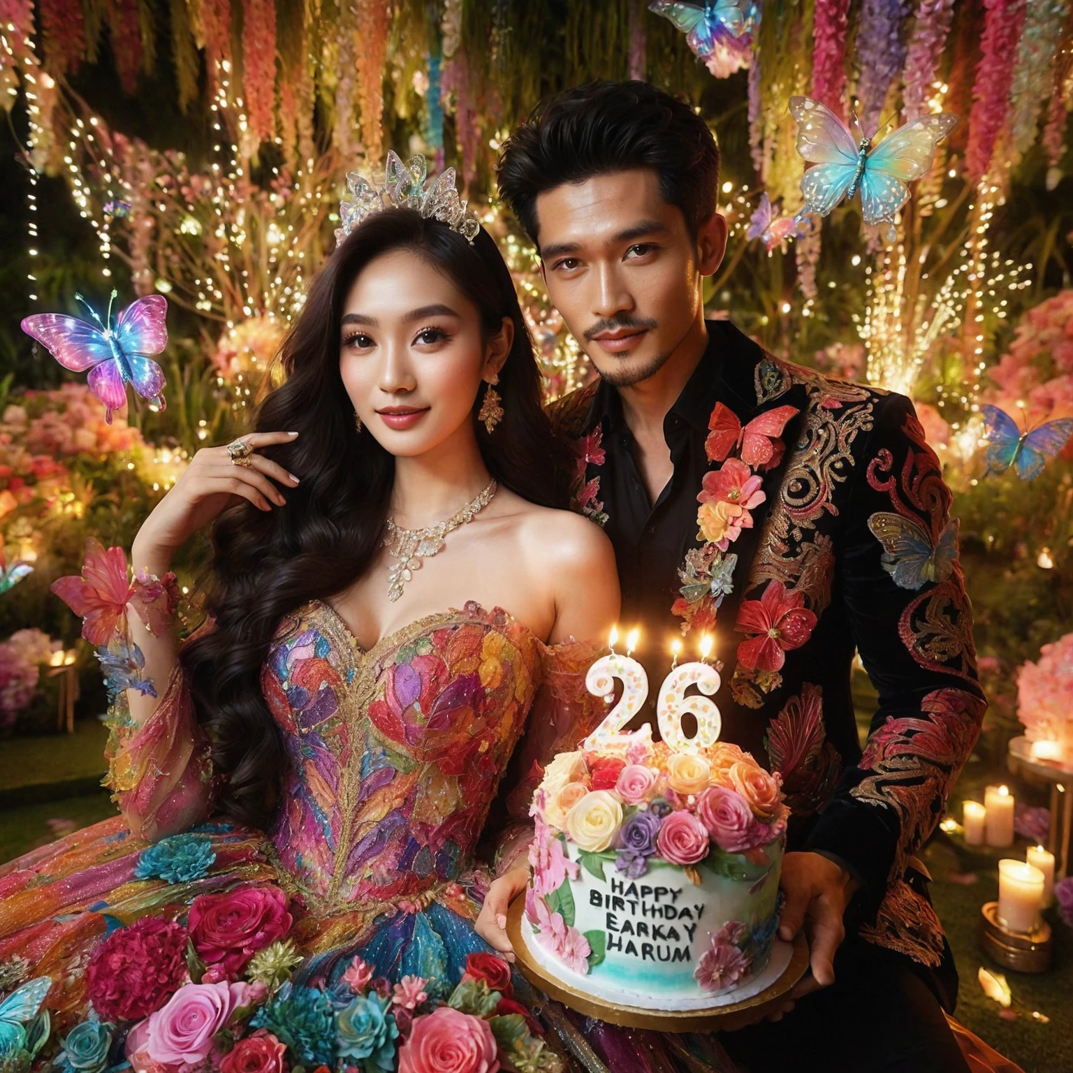 Stunning surrealist of 26th birthday celebrations, Close-up shot; 26 year old Indonesian woman wearing a colorful luxurious birthday dress with intricate decorations with a handsome man, romantic pose, they celebrate the woman's birthday in a stunning paradise garden with decoration, the woman holds a birthday cake "HAPPY BIRTHDAY AMELIA SEKAR HARUM", "26 ", they are happy, night view with fairy light, butterfly, birthday party decoration, UHD 1536px, high quality photo.