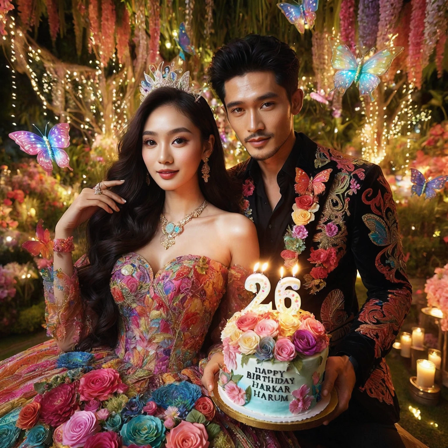 Stunning surrealist of 26th birthday celebrations, Close-up shot; 26 year old Indonesian woman wearing a colorful luxurious birthday dress with intricate decorations with a handsome man, romantic pose, they celebrate the woman's birthday in a stunning paradise garden with decoration, the woman holds a birthday cake "HAPPY BIRTHDAY AMELIA SEKAR HARUM", "26 ", they are happy, night view with fairy light, butterfly, birthday party decoration, UHD 1536px, high quality photo.