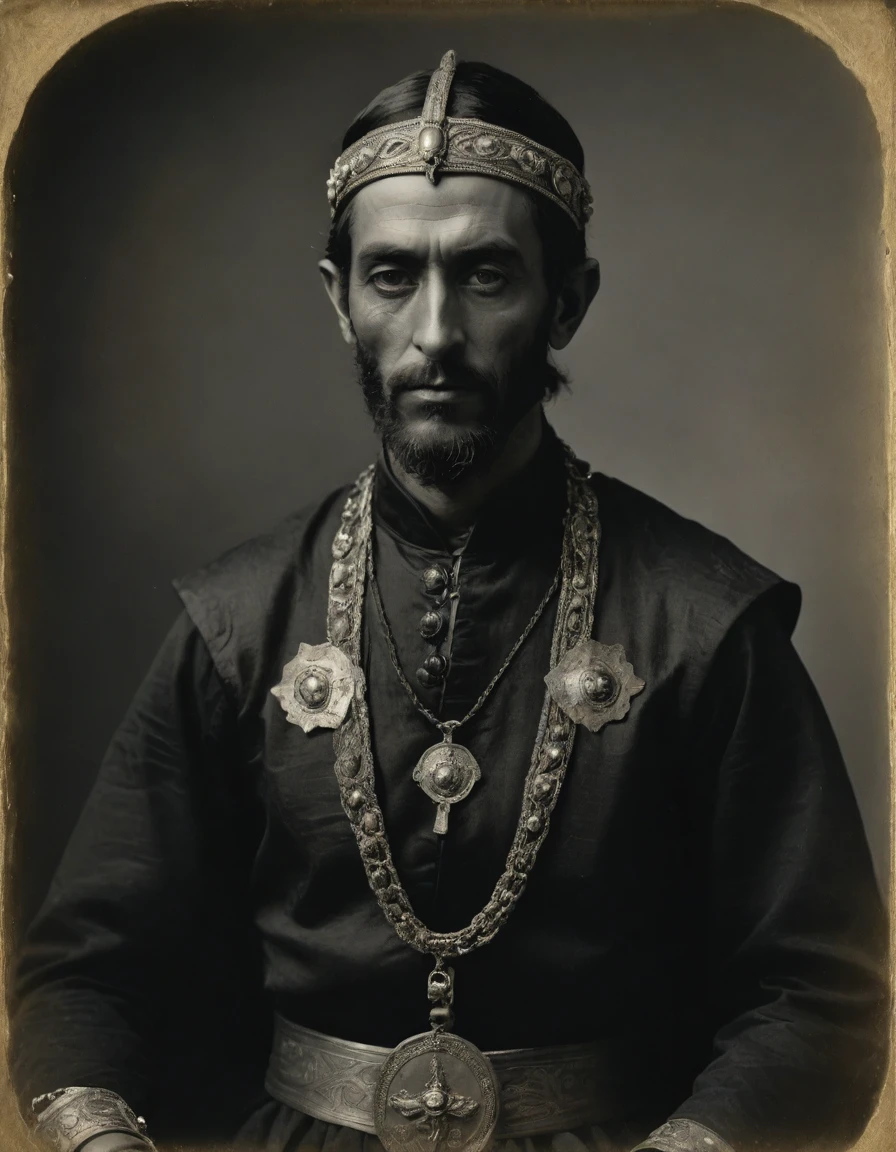 by Théodore Géricault, (((Rough monochrome, daguerreotype))), the composition is: ((male high elf, bronze skin, elven ears, Assyrian beard, he is wearing a black Mughal caftan with art déco elements, Pince-nez, sashes, medals, pendants)).