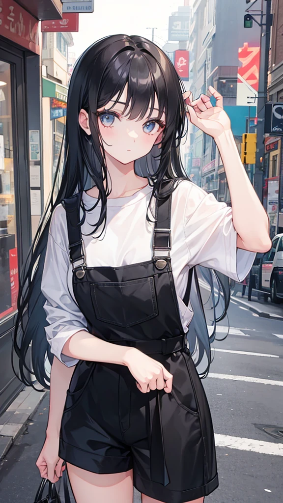 Girl with long black hair wearing overalls