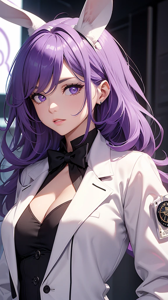 Woman;
cientist;
white labcoat;
black blouse;
Mid breasts;
purple eyes;
cabelo roxo;
(((Grandes orelhas de rabbit roxo;)))