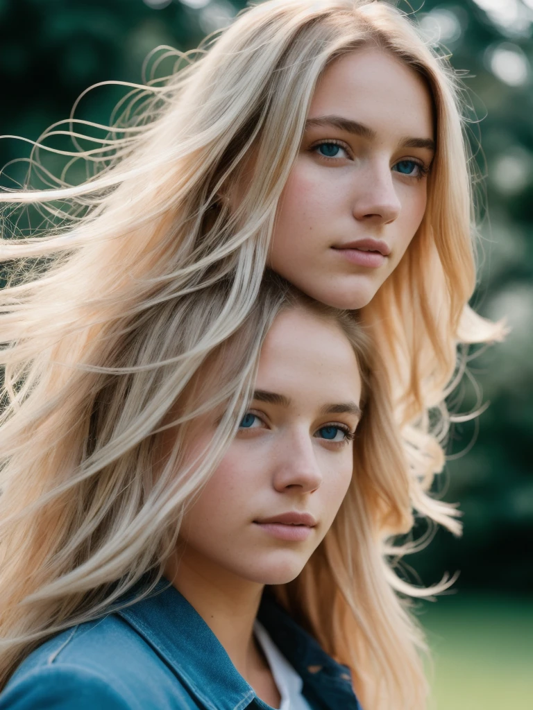 at night, CRU photo, (((extremely beautiful portrait))), ((shining skin)), 1 girl,  de 18 anos, ((natural blonde hair)), [blue colored eyes], long hair, eyeliner, Flying hair, vibration, ((work of art, best qualityer, hyper detailled, cinematic light, details Intricate, high resolution, 8K, extremely detaild)), detailed back ground, 8K uhd, dslr, soft lighting, high qualiy, Film grain, Fujifilm XT3, Shallow depth of field, naturallight, (perfect hands), face perfect