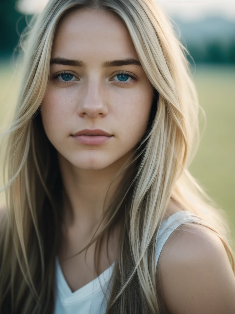 At night, RAW photo, (((extremely beautiful portrait))), ((glistening skin)), 1girl, 18 years old girl, ((natural blonde hair)), [blue eyes], long hair, eyeliner, fluttering hair, vibrance, ((masterpiece, best quality, hyper detailed, Cinematic light, intricate details, highres, 8k, extremely detailed)), detailed background, 8k uhd, dslr, soft lighting, high quality, film grain, Fujifilm XT3, shallow depth of field, natural light, (perfect hands), perfect face