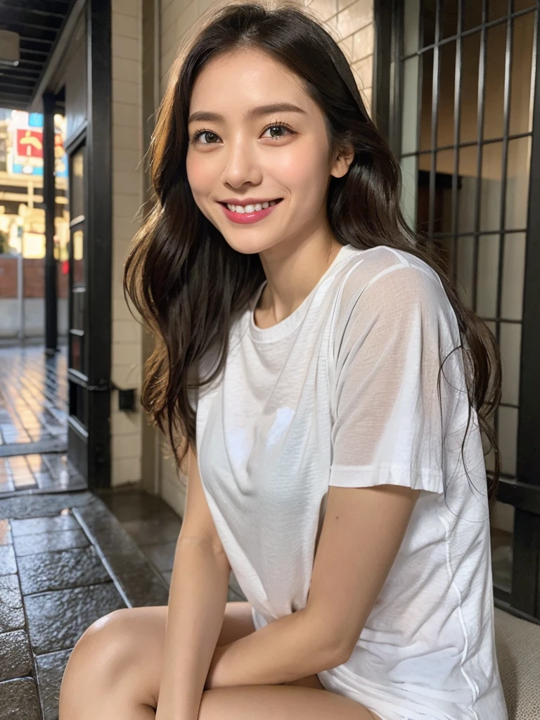 nfsw,(RAW Photography:1.2)、top-quality、a beautiful detailed girl、squatting、extremely detailed eye and face、beatiful detailed eyes、huge filesize、hight resolution、8k wallpaper、finely detail、Raw photography, Beauty Japan, Drenched T-shirt in heavy rain, The t-shirt is wet and、Underwear can see through, Shy smile、Wet from rain all over the body、Cross your arms behind your back、Street"Highly detailed ticker uniform 8k wallpaper、Light on the face、Movie Lighting、26-year-old woman、sexy  pose、(photorealisim:1.4)、super detailing,ポニーテール,