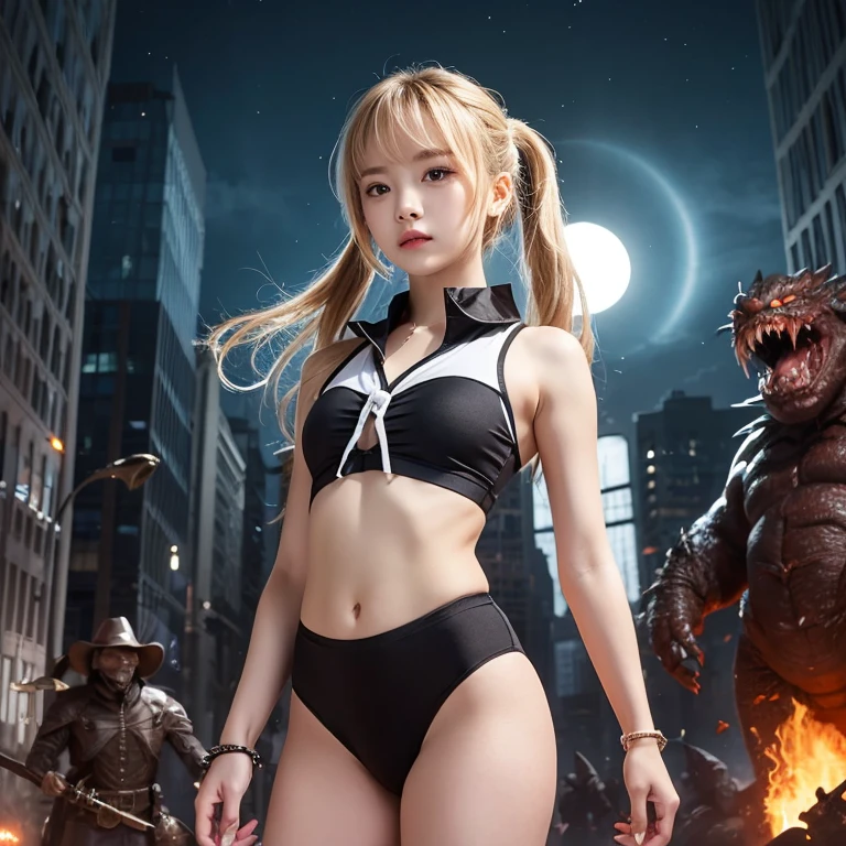 Fantasy, night, Dystopia, One Girl, young teen, Black gymnastics bloomers, High leg、School Shirt,whole body、Light blonde hair, Aquamarine Eyes, chest, bracelet, hair ornaments, ((Shoulder-length hair, ponytail, bangs))、(Black gymnastics bloomers)+(White blouse with collar)、Cowboy Shot、solo、Umbilical cord、Bare Belly, Thigh height、1 girl and 1 monster, Standing amongst a horde of evil monsters, The monster hugs the girl from behind, The girl&#39;s clothes were torn, Browsing Caution, The girl is scared, Cinema Lighting, indirect lighting, fog, Depth of written boundary, Movie Scenes