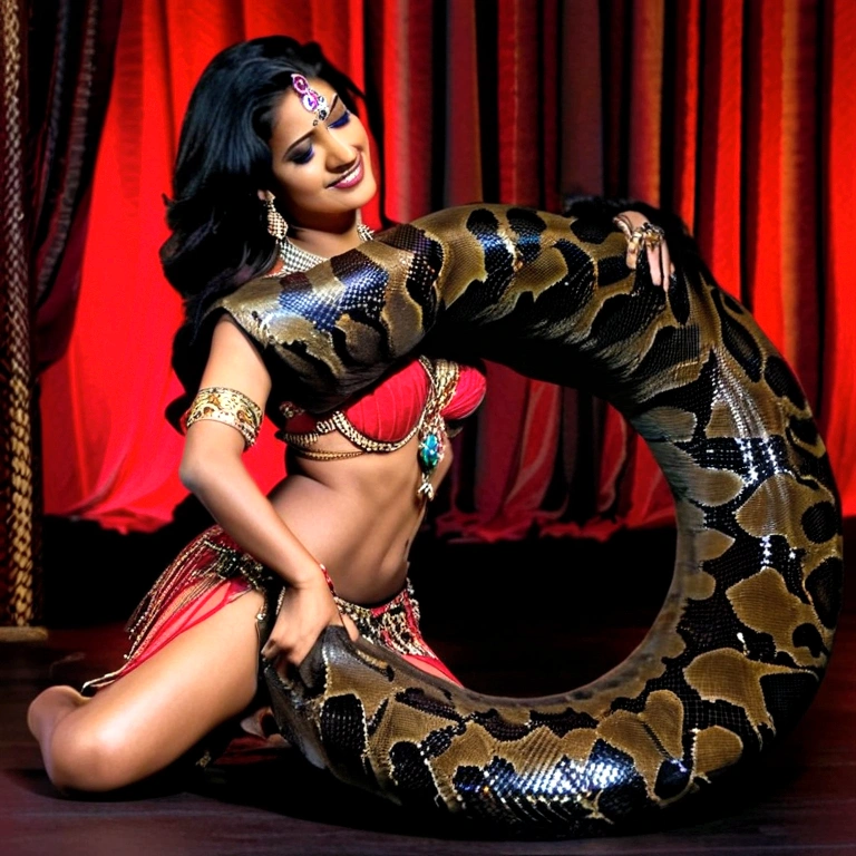 Happy , aroused 1girl), beautiful kneeling Indian young teen y dancer with giant colossal black titanboa eezing her hard, wrapped in thick spiraling coils, constricted, struggle, gasping for air, snake attack, snake peril, moonless night, dim light
