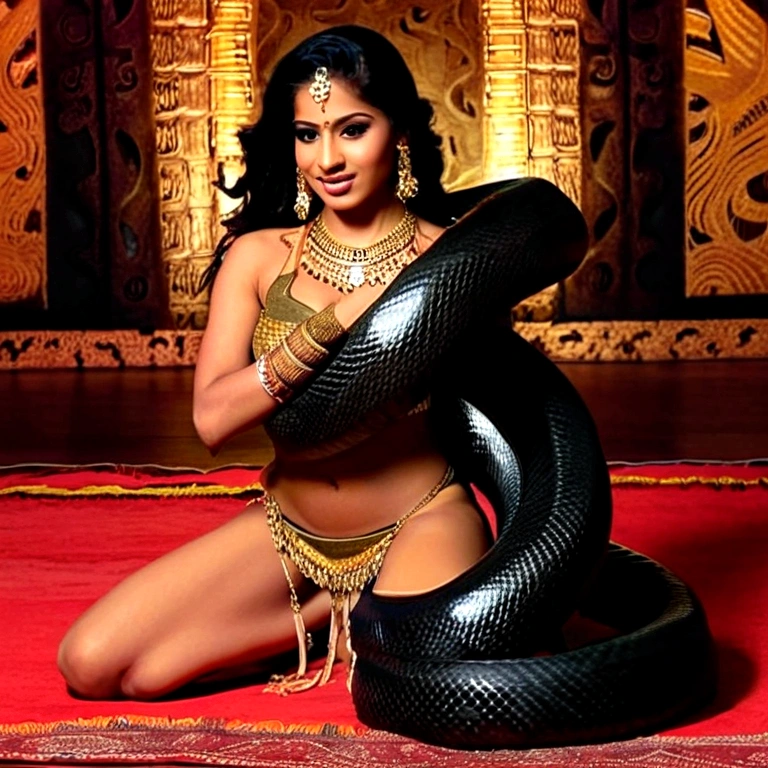 Happy Horny, aroused 1girl), beautiful kneeling Indian young teen belly dancer with giant colossal black titanboa squeezing her hard, wrapped in thick spiraling coils, constricted, struggle, gasping for air, snake attack, snake peril, moonless night, dim light