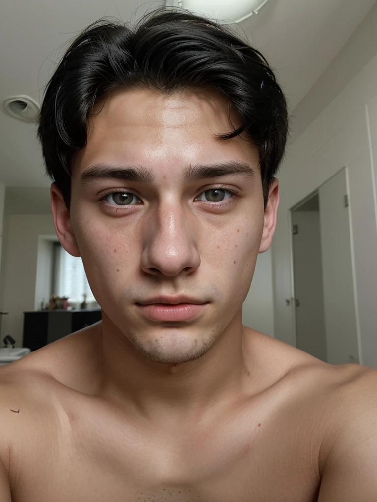 captivating 18-year-old boy with striking features, his eyes reflecting both innocence and wisdom, black hair and most realistic possible (taking a selfie)