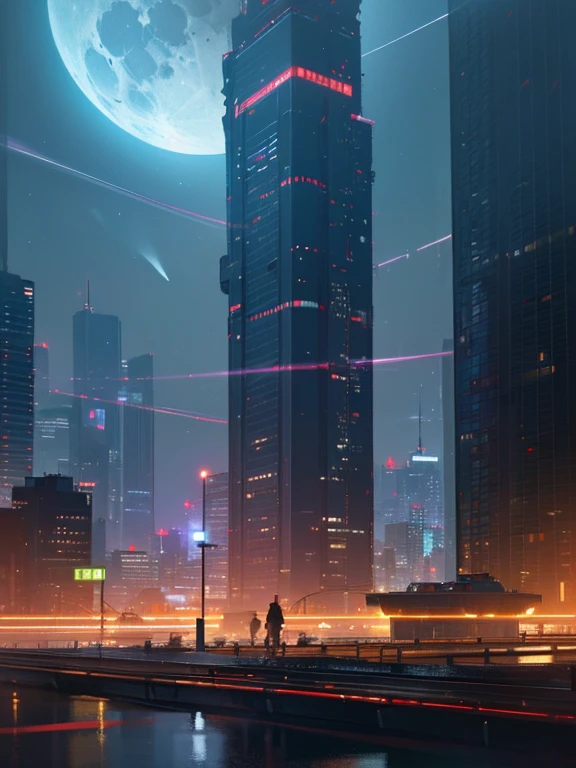 (best quality,4k,8k,highres,masterpiece:1.2),ultra-detailed,(realistic,photorealistic,photo-realistic:1.37),city night, view of the moon, neon lights, bustling streets, skyscrapers, busy traffic, reflection on wet pavement, vibrant nightlife, people strolling, moonlight casting shadows, late-night cafes, glowing windows, dramatic contrast, urban landscape, midnight serenity, mysterious atmosphere, glowing signs, illuminated billboards, futuristic cityscape, enchanting ambiance, starry sky, dreamlike setting, cinematic feel, dynamic composition, energetic city, night photography, nocturnal beauty