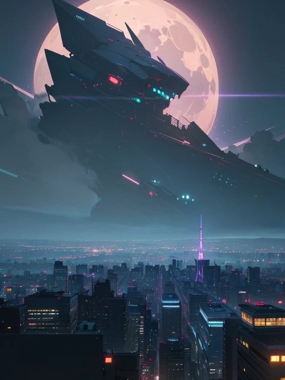 (best quality,4k,8k,highres,masterpiece:1.2),ultra-detailed,(realistic,photorealistic,photo-realistic:1.37),city night, view of the moon, neon lights, bustling streets, skyscrapers, busy traffic, reflection on wet pavement, vibrant nightlife, people strolling, moonlight casting shadows, late-night cafes, glowing windows, dramatic contrast, urban landscape, midnight serenity, mysterious atmosphere, glowing signs, illuminated billboards, futuristic cityscape, enchanting ambiance, starry sky, dreamlike setting, cinematic feel, dynamic composition, energetic city, night photography, nocturnal beauty