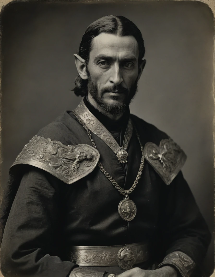 by Théodore Géricault, (((Rough monochrome, daguerreotype))), the composition is: ((male high elf, aircraft pilot, bronze skin, elven ears, Assyrian beard, he is wearing a black Mughal caftan with art déco elements, monocle, sashes, medals, pendants)).
