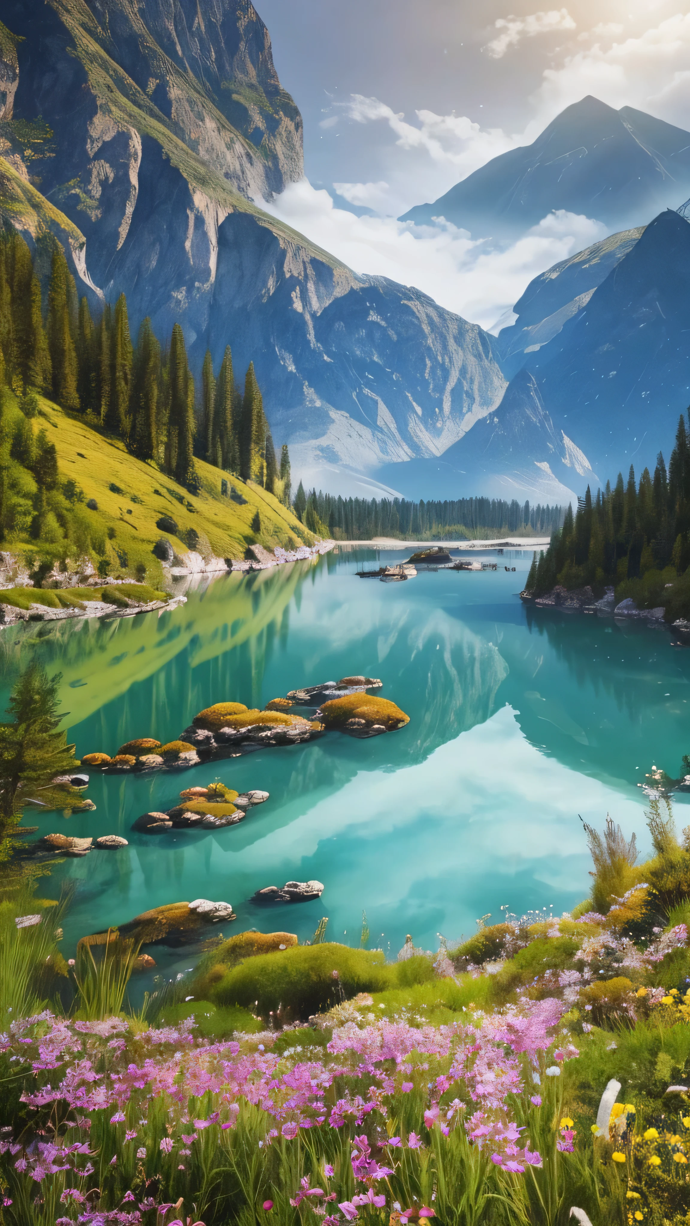 with high definition images，masterpiece, 最high quality, high quality, Very detailed CG Unity 8k wallpaper, landscape,A place where no human presence has been seen。Outdoor, zero, cloud, zero, No humans, Mountain, landscape, water, wood, 青zero, cliff, nature, lake, river , 曇りzero, Award-winning photography, bokeh, Depth of written boundary, HDR, Bloom, chromatic aberration, Photorealism, Very detailed, Trending on artstation, Trending on CGsociety, complicated, High detail, dramatic, Mid-journey art realistic with high definition images,