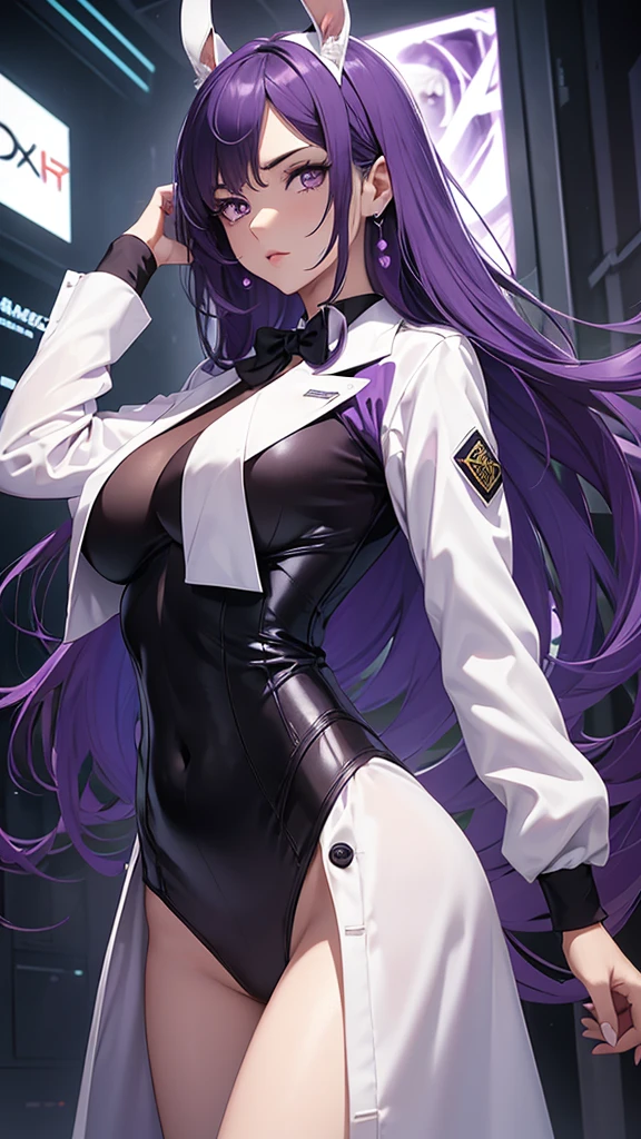 Woman;
cientist;
white labcoat;
black blouse;
Mid breasts;
purple eyes;
cabelo roxo;
(((Grandes orelhas de rabbit roxo;)))
Orelhas na cor roxa