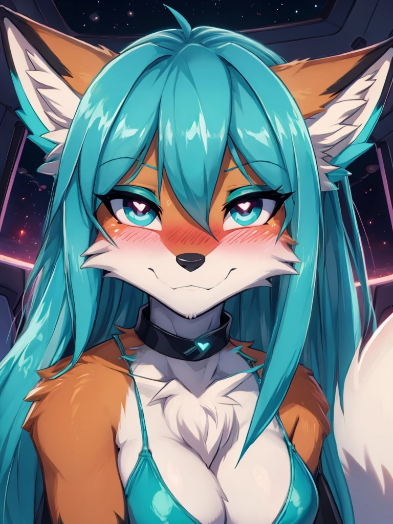 Miku Hatsune x vixen, closeup high definition, hug his furry tail, blushing face high definition, half body add_detail:1 