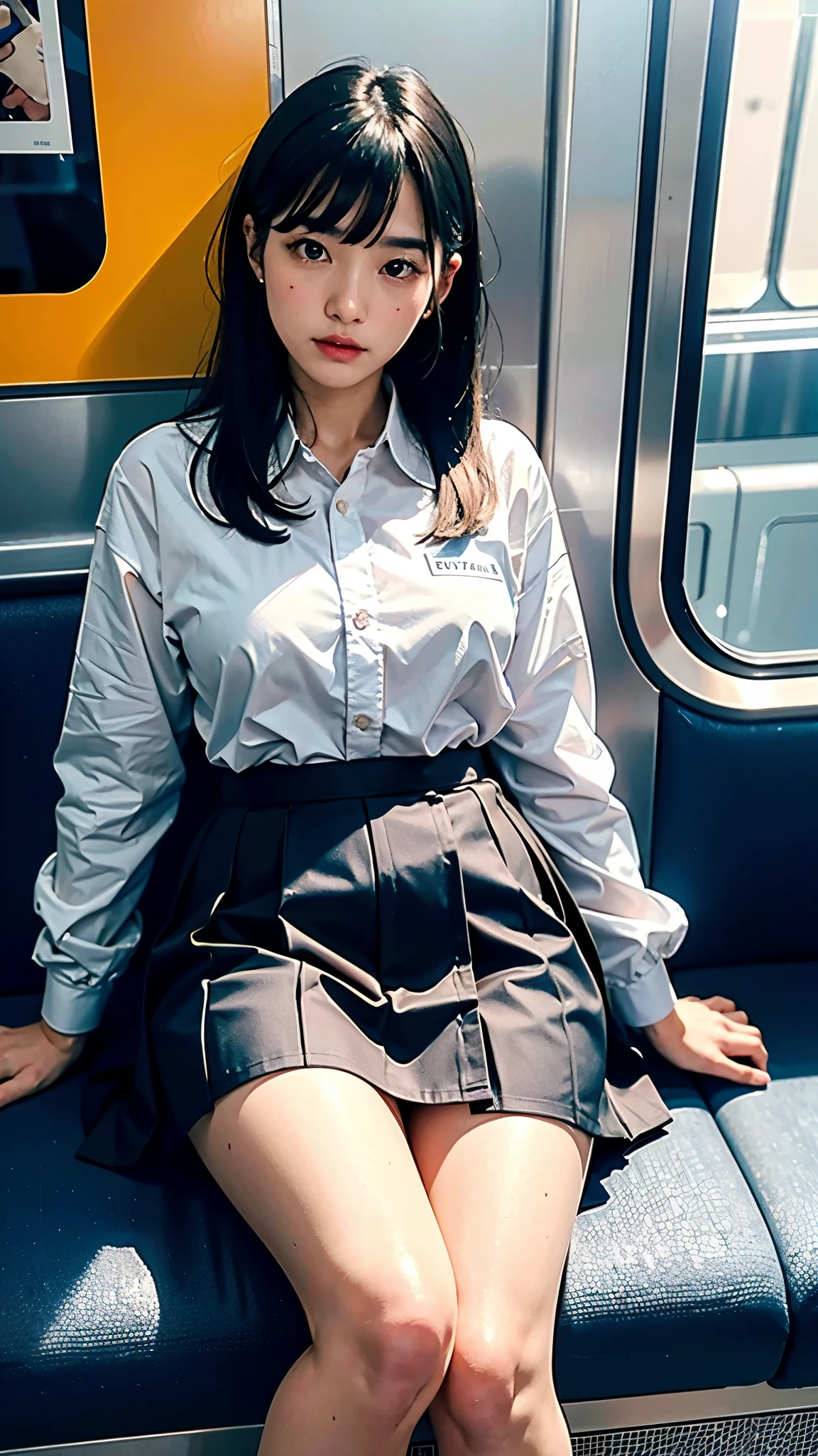 "(Masterpiece, High Definition, Ultra High Definition, 4K) Black hair, 14 years old Japan girl, uniform skirt, emphasizing thighs, white thighs, soft thighs, glossy thighs, sitting on the train, face-to-face angle, (angle from below),sitting in the train seat,Sitting in front,Zoom camera in the crotch,Feet on the train floor,Full body,Looking down and sleepy,Looking at the viewer only", best quality, ultra high definition, (photorealistic:1.4),, high resolution, detail, raw photo, sharp re, Nikon D850 film stock photo by Lee Jefferies 4 kodak portra 400 camera f1.6 lens rich colors hyper realistic lively textures dramatic lighting unreal engine artstation trends cinestir 800,