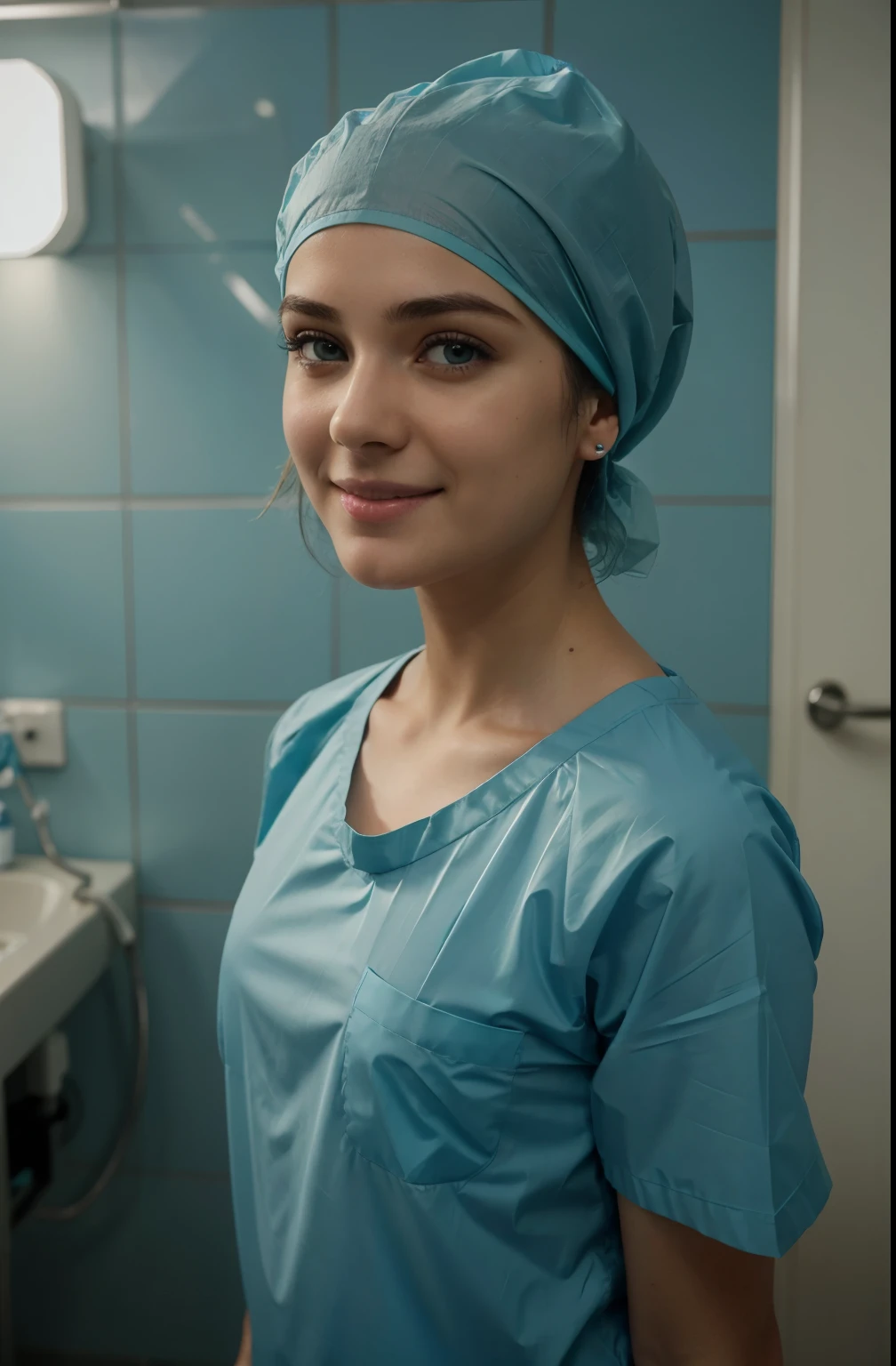 Ultra realistic, Cinematic, scottish teenager girl, 13 years old, standing in medical changing room, beautiful face, big eyes, big smile, detailed face, wears ultra soft and ultra light slight small teal women surgical scrubs, wears teal surgical scrubs, wide angle , bokeh, all wearing large teal nylon bouffant cap, large teal nylon shower cap, large surgical cap covering hair and ears, short hair fully covered by nylon tissue cap, no hair tails, weaing teal patient gown