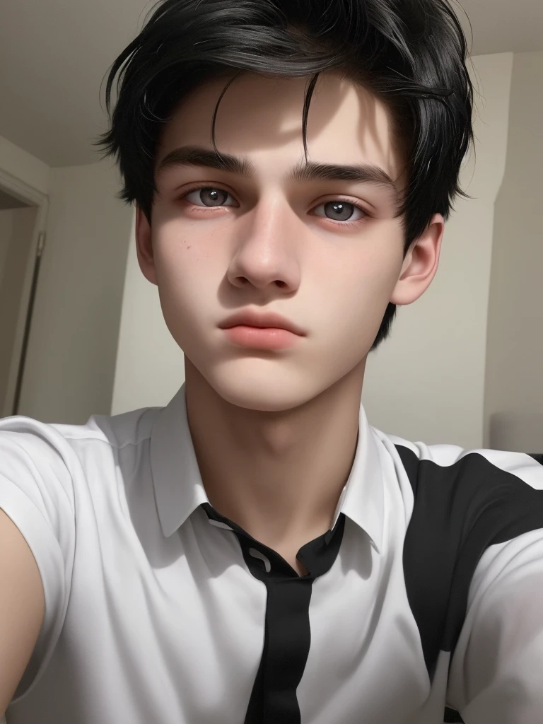 captivating 18-year-old boy with striking features, his eyes reflecting both innocence and wisdom, black hair and most realistic possible (taking a selfie)