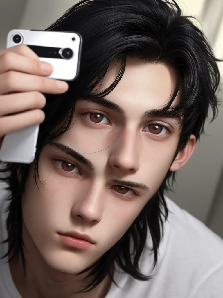 captivating 18-year-old boy with striking features, his eyes reflecting both innocence and wisdom, black hair and most realistic possible (taking a selfie)
