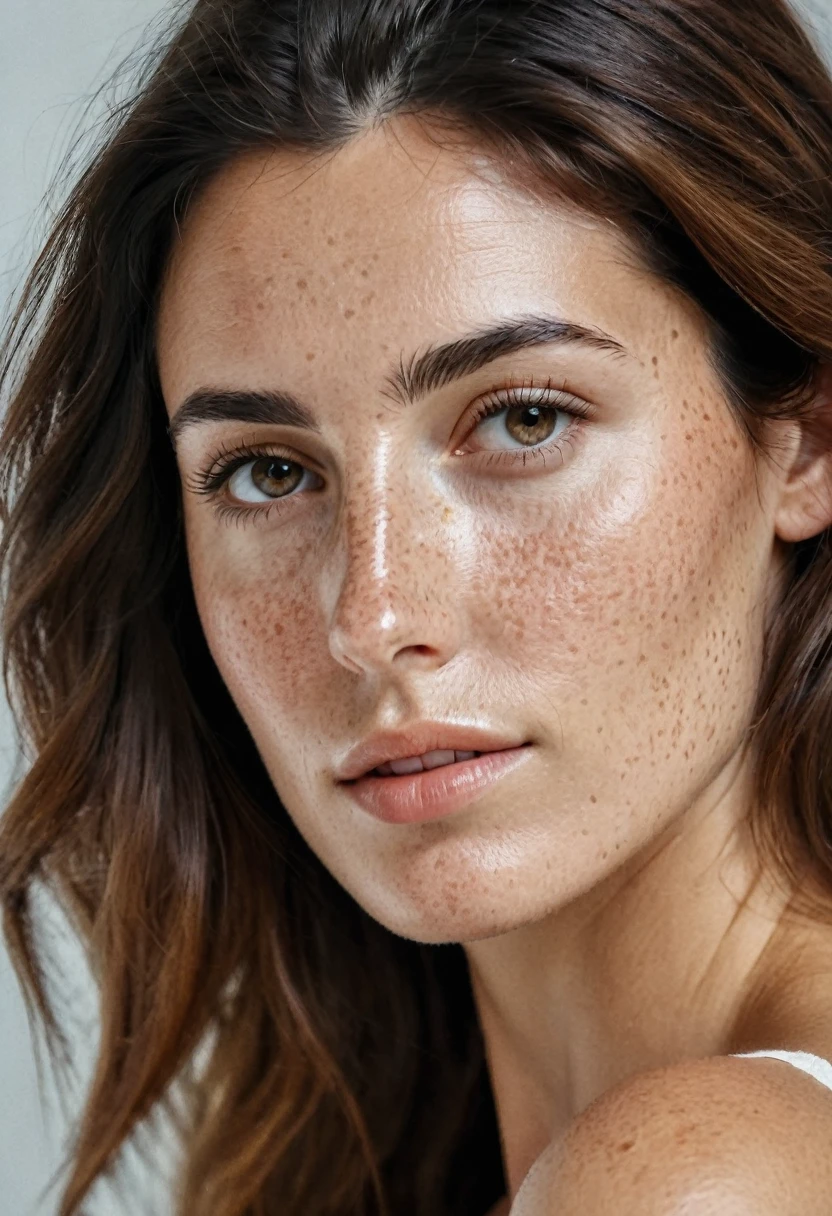 Portrait of Roberta Gemma, italian woman, 30 years old, face highly detailed, natural skin with light freckles, light make-up.