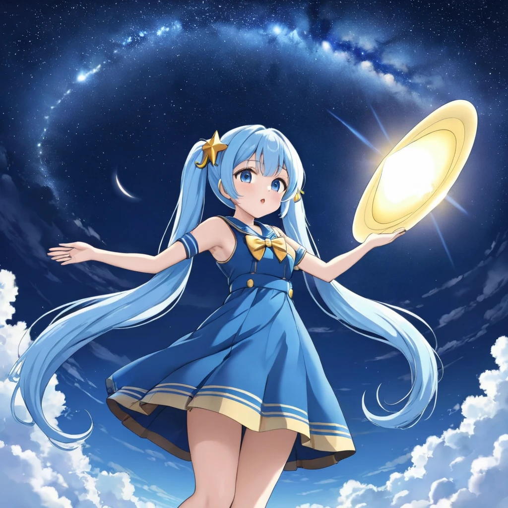 Light blue long hair、Twin-tailed Girl、A large unidentified flying object (UFO) is flying、Star of the sky、milky way、Moonlit Night