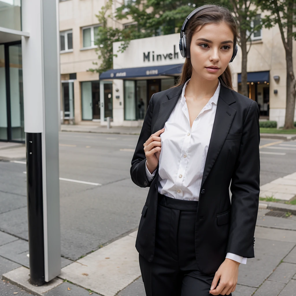 elegant woman, with petras formal clothes, using wireless headphones