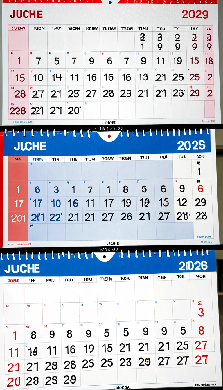 A split-screen : one side shows a typical calendar, the other shows the North Korean "Juche" calendar with different dates.