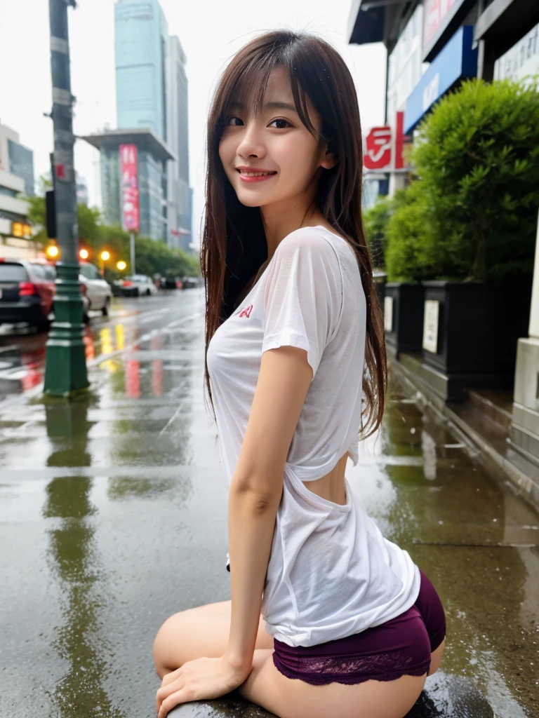 nfsw,(RAW Photography:1.2)、top-quality、a beautiful detailed girl、squatting、extremely detailed eye and face、beatiful detailed eyes、huge filesize、hight resolution、8k wallpaper、finely detail、Raw photography, Beauty Japan, Drenched T-shirt in heavy rain, The t-shirt is wet and、Underwear can see through, Shy smile、Wet from rain all over the body、Cross your arms behind your back、Street"Highly detailed ticker uniform 8k wallpaper、Light on the face、Movie Lighting、26-year-old woman、sexy pose、(photorealisim:1.4)、super detailing,ポニーテール,