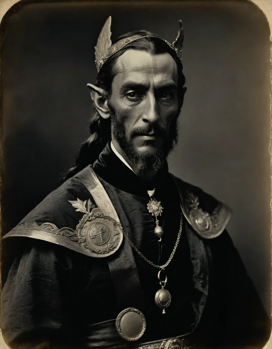 by Théodore Géricault, (((Rough monochrome, daguerreotype))), the composition is: ((male high elf, bronze skin, elven ears, Assyrian beard, he is wearing a black caftan with art déco elements, monocle, sashes, medals, pendants)).