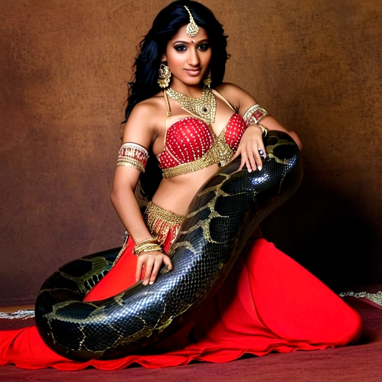 Pregnant Happy Horny, aroused 1girl), beautiful kneeling pink thong wearing Indian   belly dancer girl with  giant colossal black titanboa squeezing her hard, wrapped in thick spiraling coils, constricted, struggle, gasping for air, snake attack, snake peril,