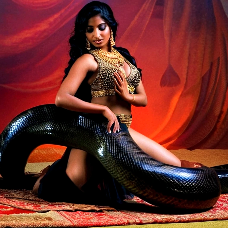 Happy Horny, aroused 1girl), beautiful kneeling Indian  belly dancer  with  giant colossal black anaconda squeezing her hard, wrapped in thick spiraling coils, constricted, struggle, gasping for air, snake attack, snake peril, moonless night, dim light