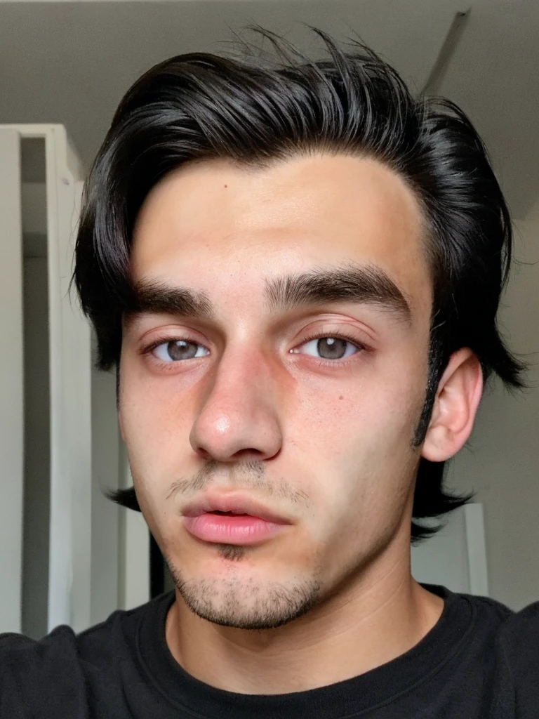 captivating 18-year-old boy with striking features, his eyes reflecting both innocence and wisdom, black hair and most realistic possible (taking a selfie)