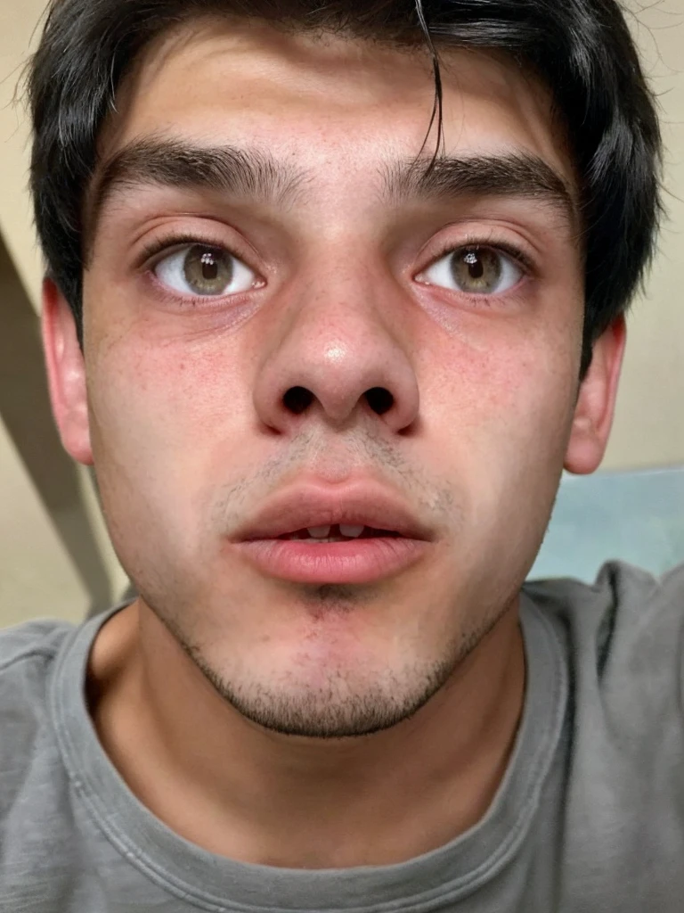 captivating 18-year-old boy with striking features, his eyes reflecting both innocence and wisdom, black hair and most realistic possible (taking a selfie)