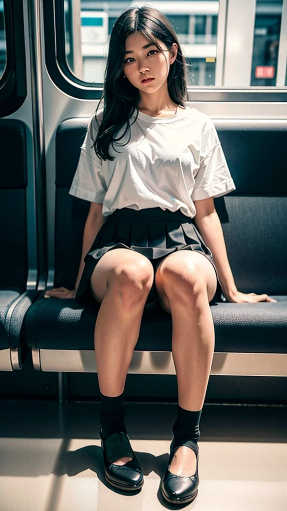 "(Masterpiece, High Definition, Ultra High Definition, 4K) Black hair, Japan girl, uniform skirt,Cosplay 2B nier , emphasizing thighs, white thighs, soft thighs, glossy thighs, sitting on the train, face-to-face angle, (angle from below),sitting in the train seat,Sitting in front,Zoom camera in the crotch,Feet on the train floor,Full body,Looking down and sleepy,Looking at the viewer only", best quality, ultra high definition, (photorealistic:1.4),, high resolution, detail, raw photo, sharp re, Nikon D850 film stock photo by Lee Jefferies 4 kodak portra 400 camera f1.6 lens rich colors hyper realistic lively textures dramatic lighting unreal engine artstation trends cinestir 800,