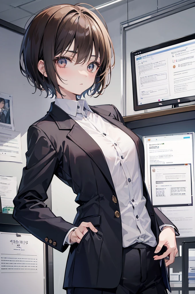 1 Korean girl who wears a suit, short hair medium light brown, amber eyes and without any makeup, You are in a dimly lit office with a view of the sky. You find some messy documents on top of a desk and one in particular catches your attention., that document has a crazy in the upper left small breastplate large enough to see it from a distance.