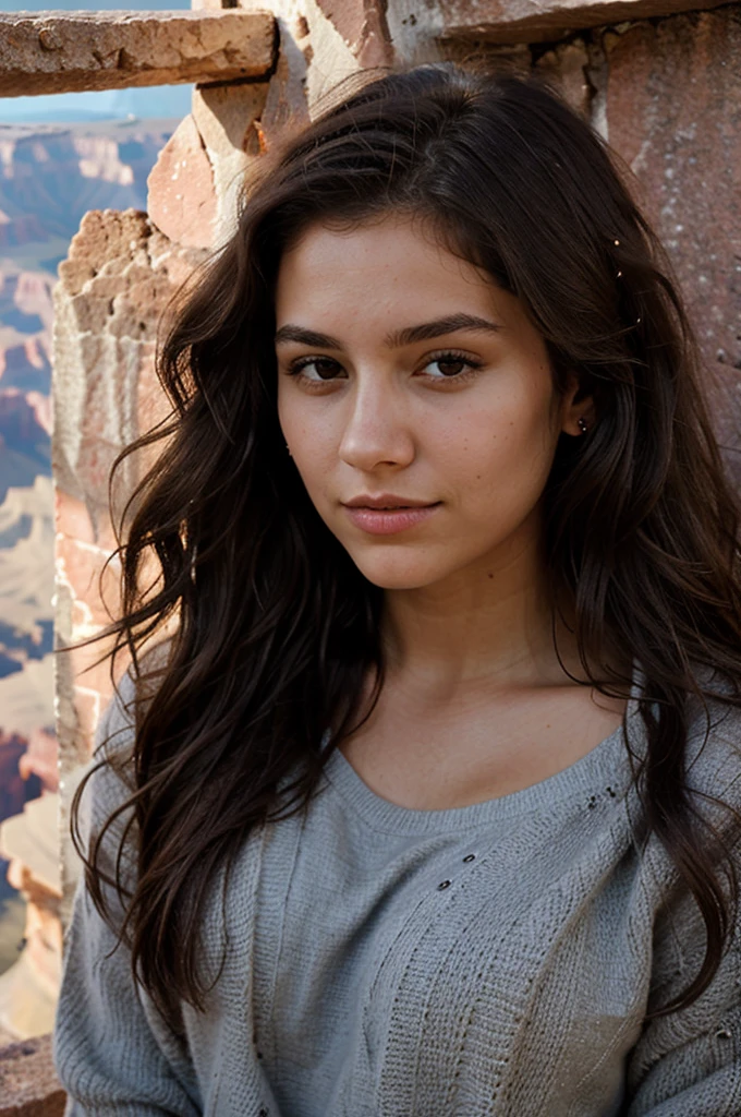 1 woman,22 ans , of wave cheveux, dark brown eyes, au grand canyon