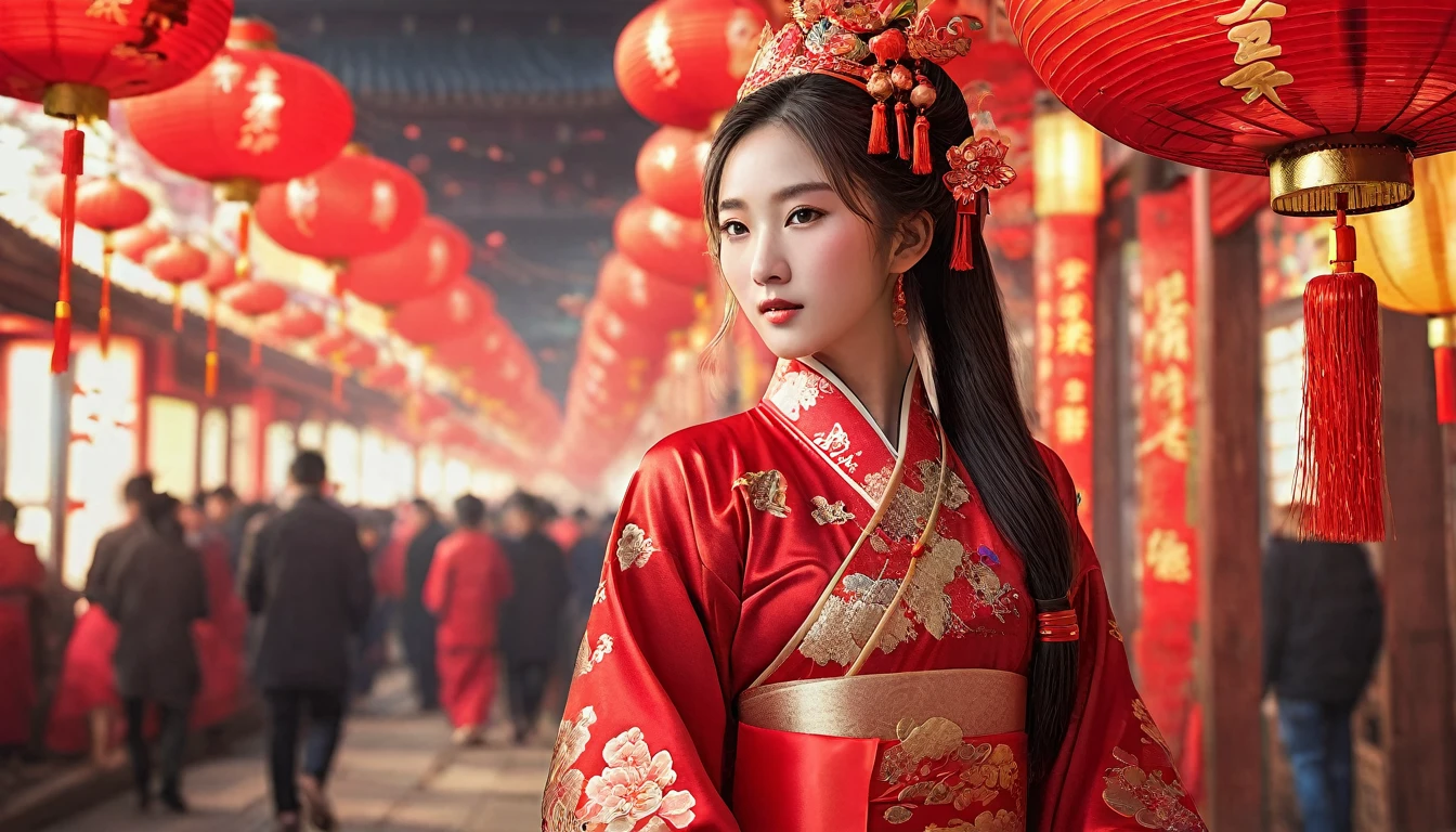 Chinese New Year,Scene with red costume。RAW photos,Best quality,(reality,照⽚reality感:1.3),masterpiece,Extremely exquisite and beautiful,High resolution,Original,Perfect lighting,(Extremely detailed CG:1.2),Unification,2k wallpaper,Amazing,Fine details