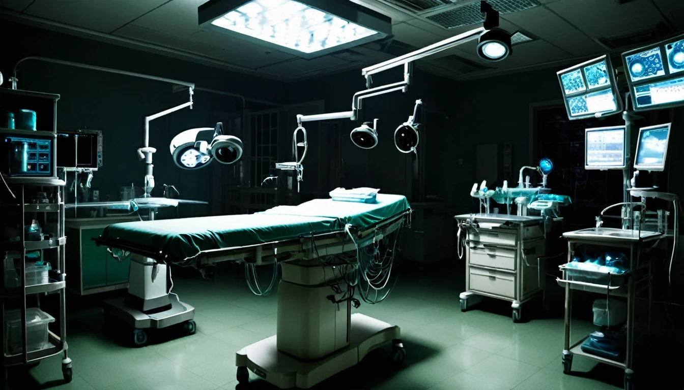 hospital, operating room, full of equipment, sinister, dark environment