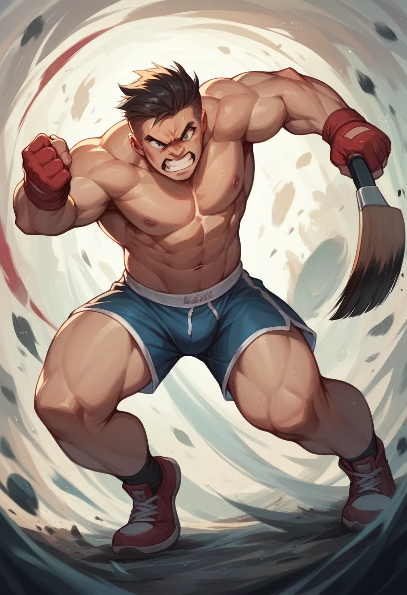 Please create a hyper realistic airbrush illustration of the following scene : a boxer who is in the middle of a fight with us.