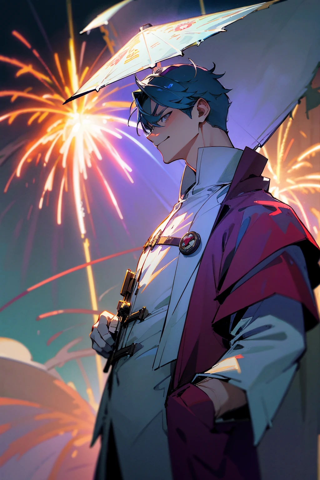 Masterpiece, best quality, super detailed, illustration In the rainy night sky、Colorful large fireworks bloom magnificently、Fireworks blast blows away the surrounding rain clouds、Clear the sky。Below that、A person who have a blue hair, his profile was illuminated by the light of fireworks.、In the background, Cityscape changing from rain to sun.。The spectacle is nostalgic and fantastic., male, arms in pockets, silver eyes, white hero outfit, mature male, upper body, smirk, wearing mask that covers eyes