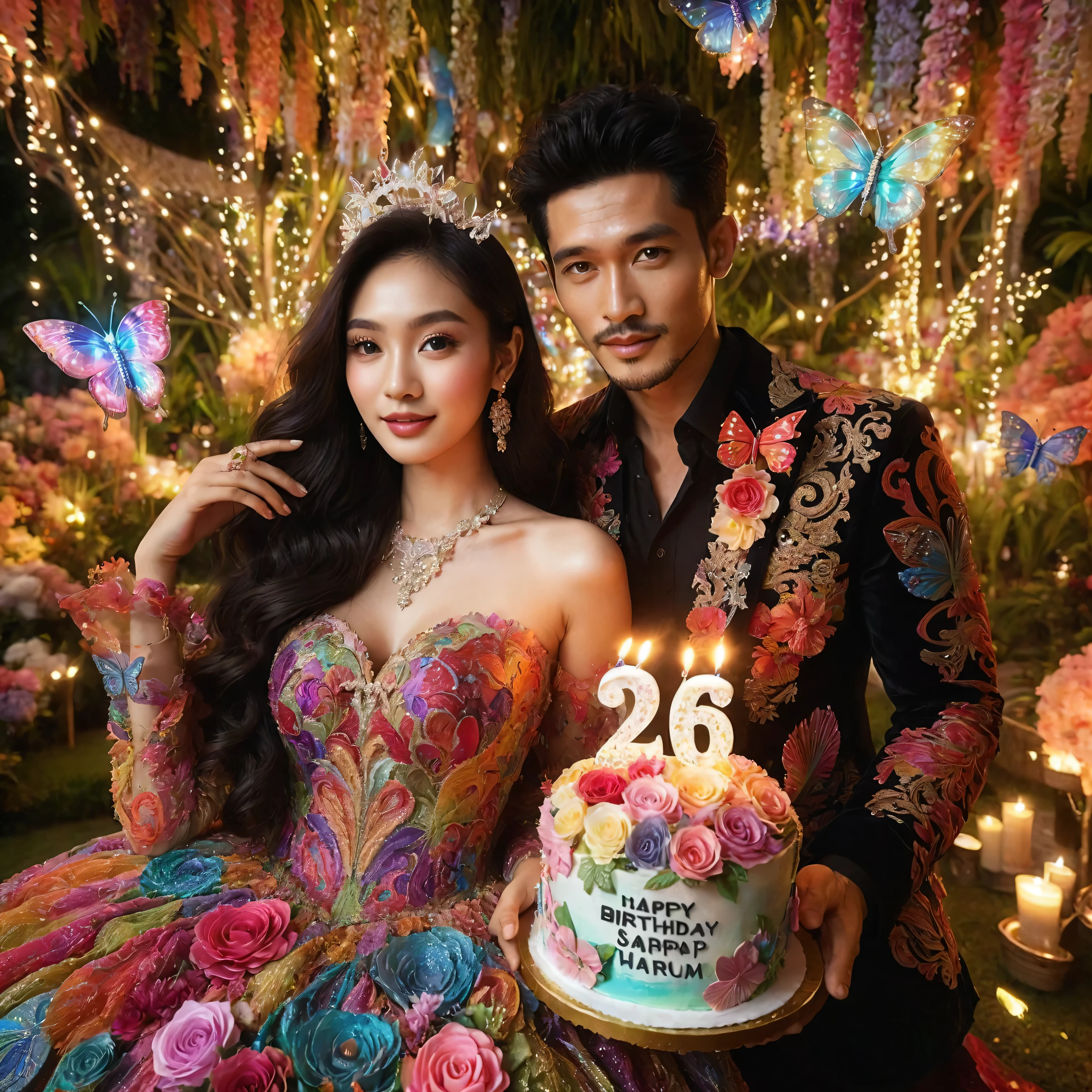 Stunning surrealist of 26th birthday celebrations, Close-up shot; 26 year old Indonesian woman wearing a colorful luxurious birthday dress with intricate decorations with a handsome man, romantic pose, they celebrate the woman's birthday in a stunning paradise garden with decoration, the woman holds a birthday cake "HAPPY BIRTHDAY AMELIA SEKAR HARUM", "26 ", they are happy, night view with fairy light, butterfly, birthday party decoration, UHD 1536px, high quality photo.