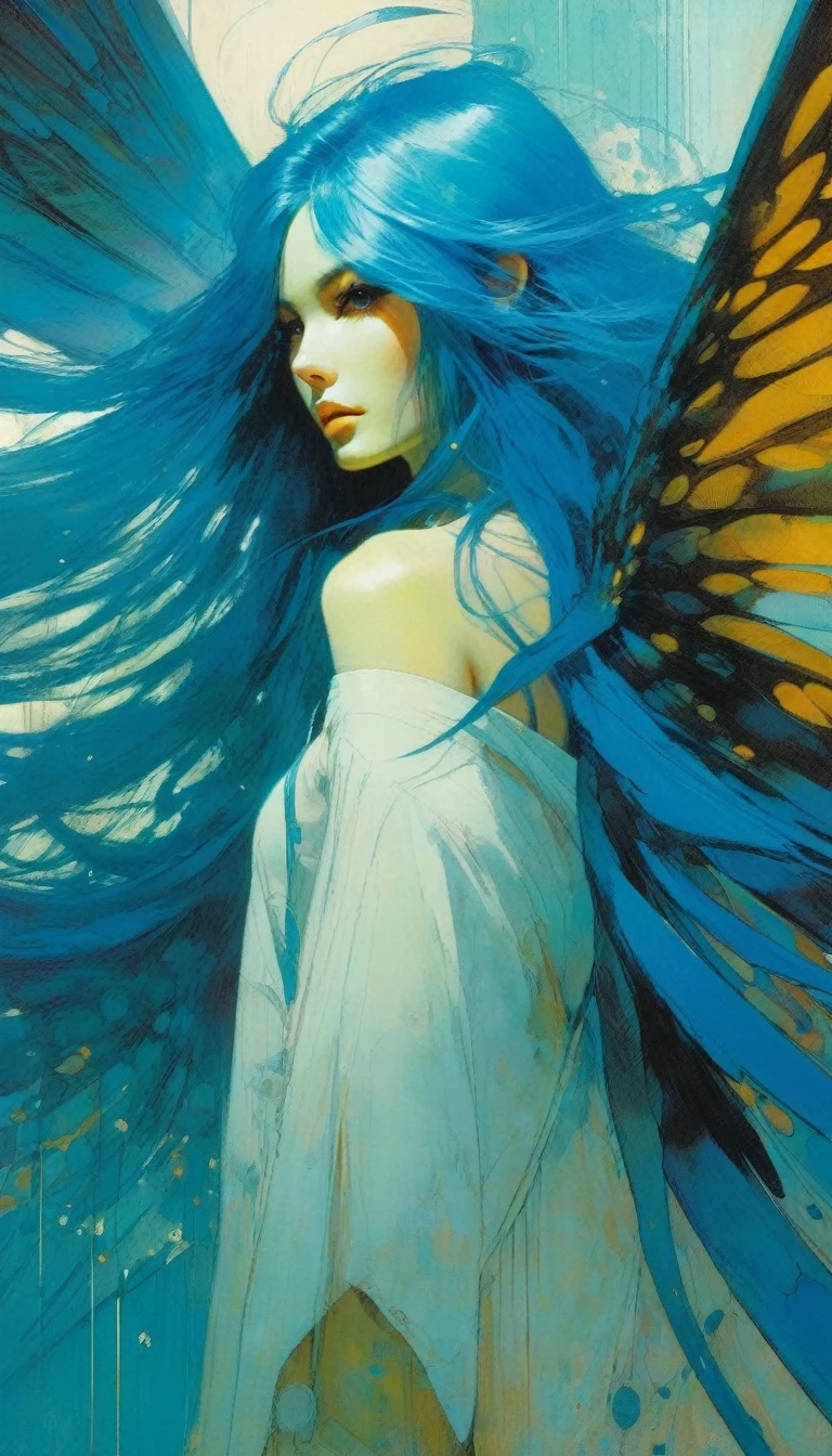 houjuu nue, asymmetrical wings,Wambu, Wambu_Draws, long blue hair, clockworld scene(art inspired by Bill Sienkiewicz). oil painting)