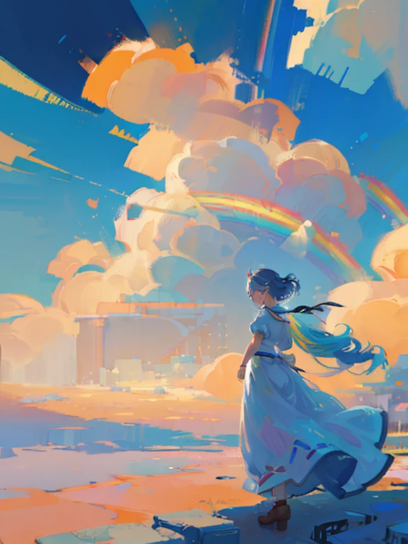 (Need)), ((Masterpiece)), (A detailed),RAINBOW,Blue sky and white clouds background，Rainbow detail,Blue sky rainbow，ethereal rainbows，correct simple compostiotomy，surreal dreams，Surreal art fantasy style.，Epic digital fantasy art style.