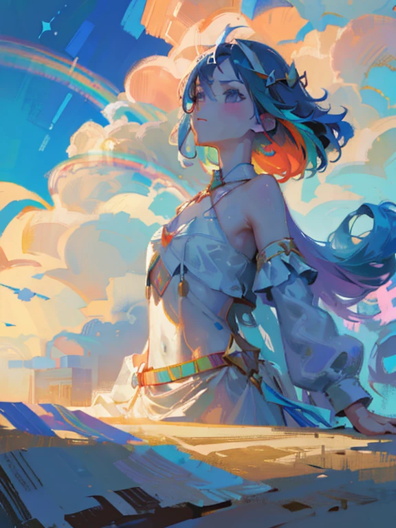 (Need)), ((Masterpiece)), (A detailed),RAINBOW,Blue sky and white clouds background,Rainbow detail,Blue sky rainbow,ethereal rainbows,correct simple compostiotomy,surreal dreams,Surreal art fantasy style.,Epic digital fantasy art style.