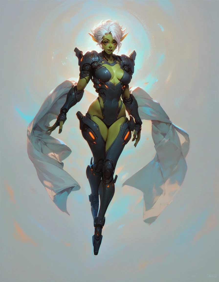 Character details, Kizi, alien, (White hair), hot, dark shaped eyes, full body illustrated image, greenskin, fanart, 2d, futuristic clothes.