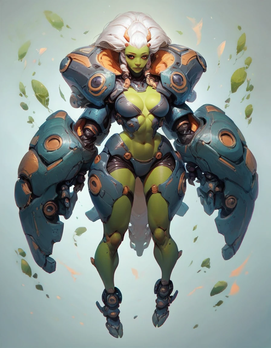 Character details, Kizi, alien, (White hair), hot, dark shaped eyes, full body illustrated image, greenskin, fanart, 2d, futuristic clothes.