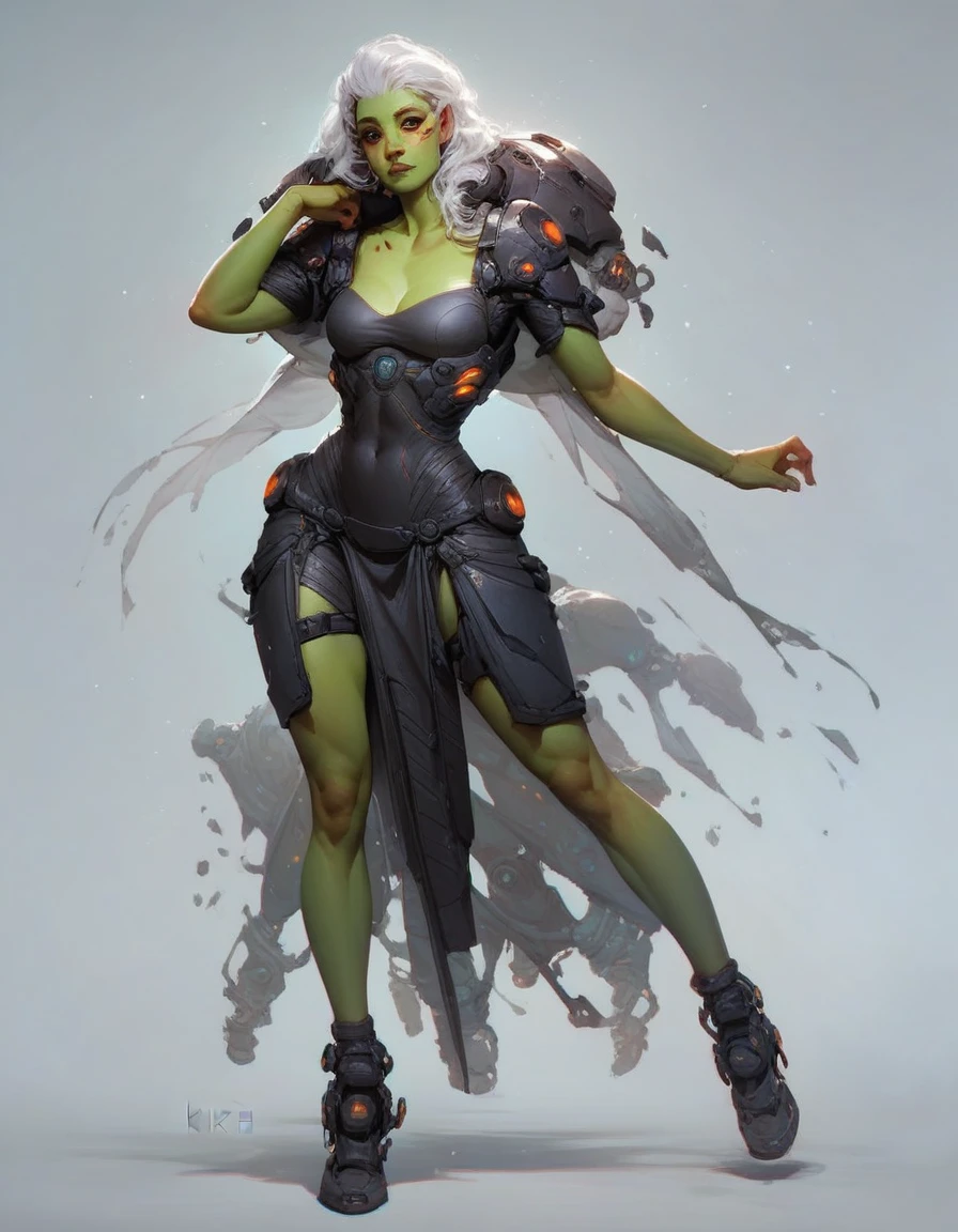 Character details, Kizi, alien, (White hair), hot, dark shaped eyes, full body illustrated image, greenskin, fanart, 2d, futuristic clothes.
