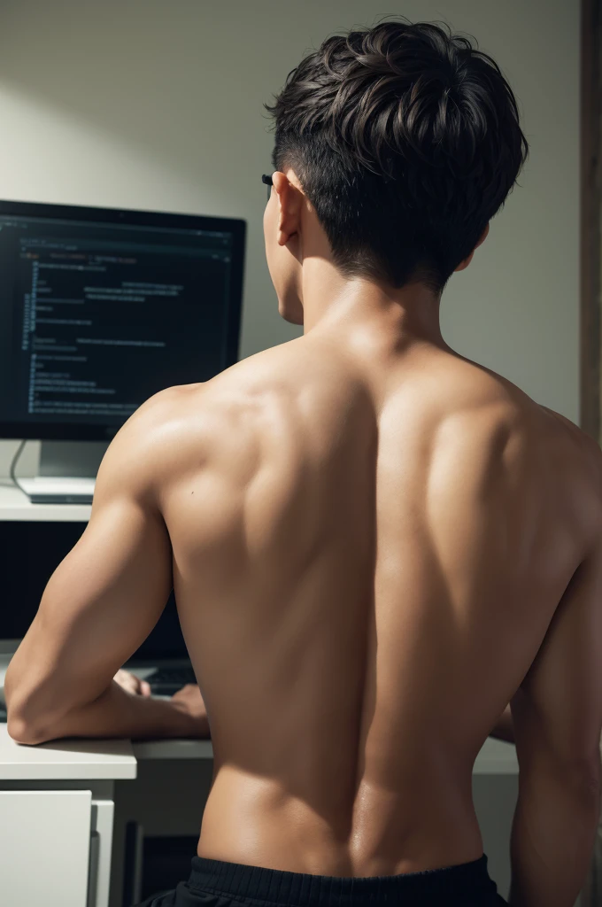 A man with his back programming in Java
