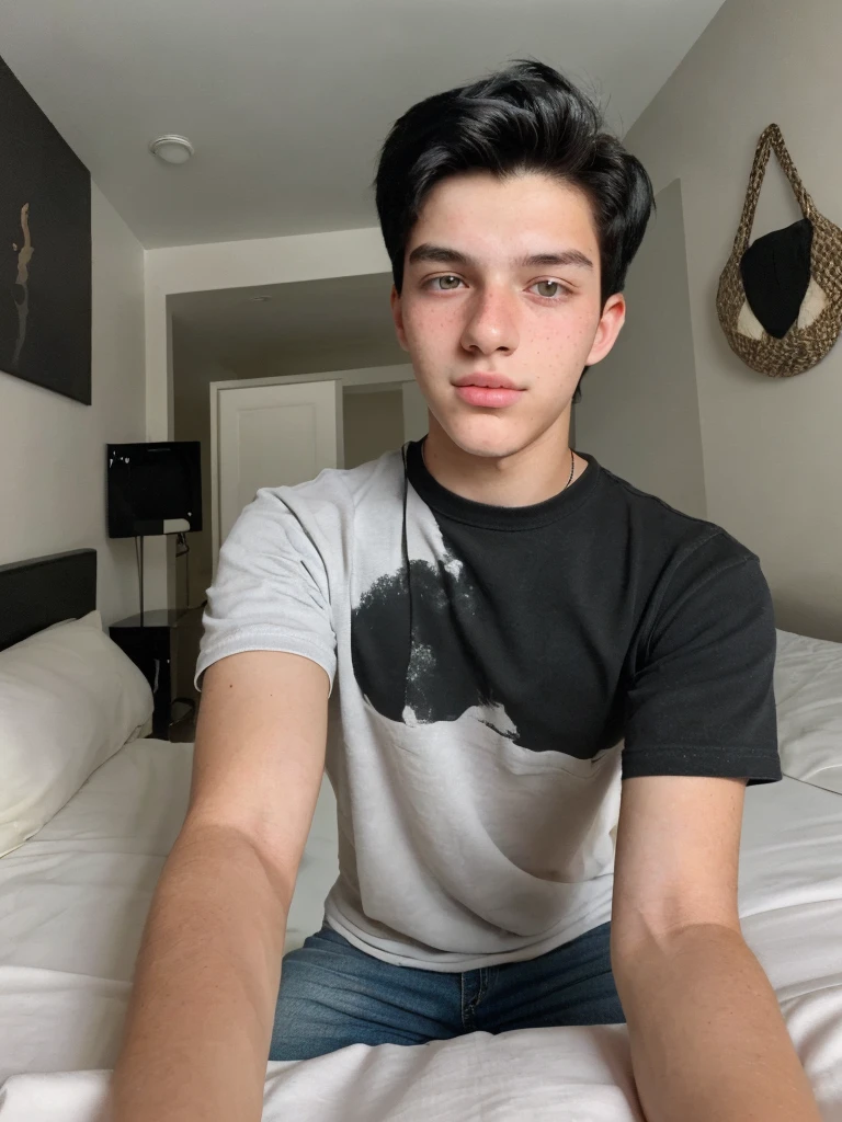 captivating 18-year-old boy with beautiful features, black hair and most realistic possible (taking a selfie on bed)