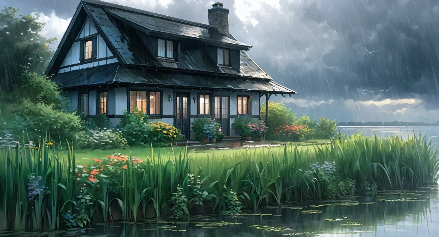 a cozy cottage by the water, reflective water, reed plants, tall grass, flower bushes, raining, completely cloudy, storming, overcast, moody atmosphere,