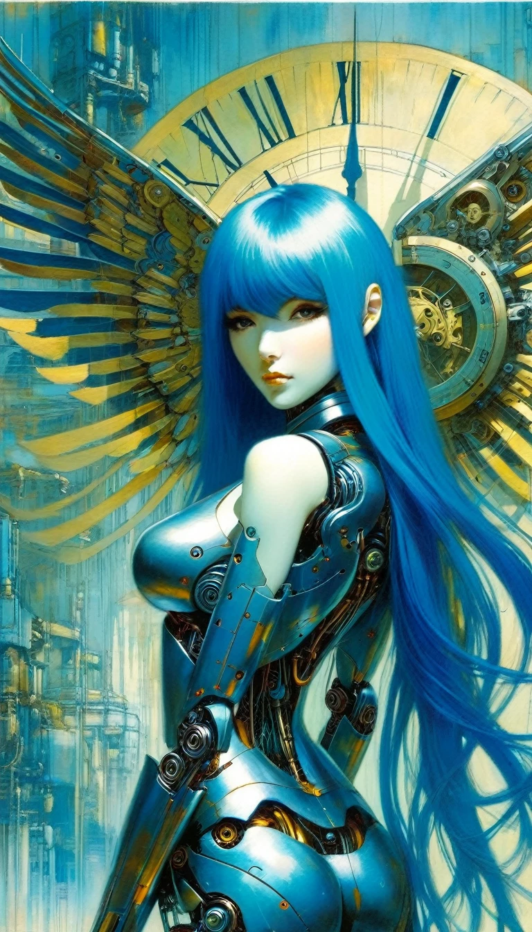 houjuu nue, asymmetrical metal wings, mechanical parts, cyborg, Wambu, Wambu_Draws, long blue hair, clock world scene background (art inspired by Bill Sienkiewicz). oil painting)
